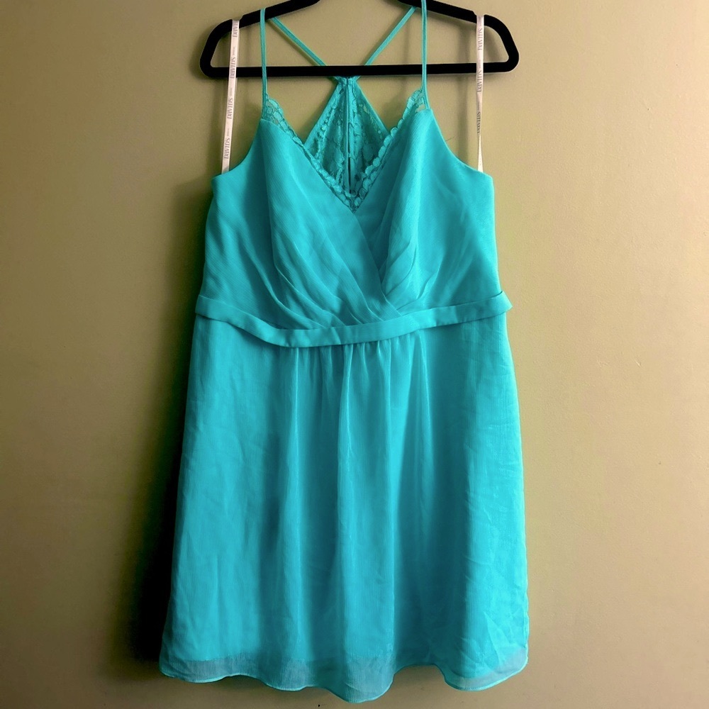 David's Bridal Aqua Lace Midi Dress